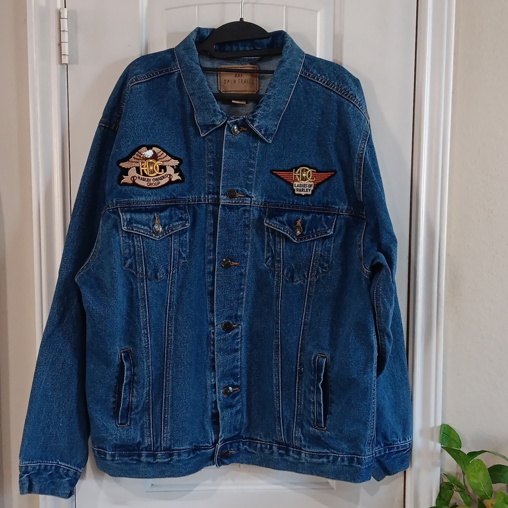 OPEN TRAILS Denim Jacket w Tacking Twill Embroidered Harley Davidson Patches